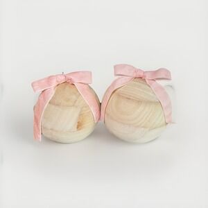 7" Pair of Natural Wood Round Ornaments w/ Pink Velvet Bows Rustic Holiday Decor